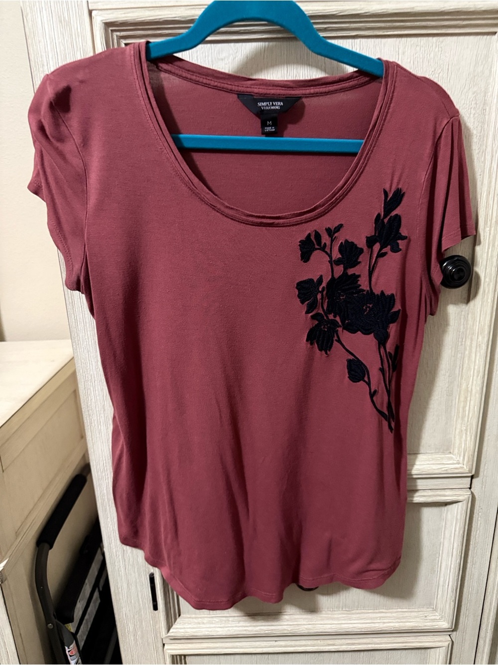 Simply Vera Wine Scoop Neck Tee with Black Floral Detail